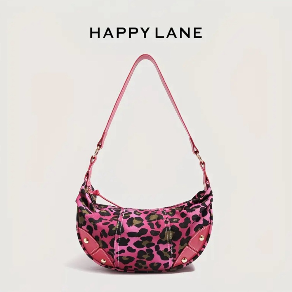 Pink Leopard Print Crescent Hobo Shoulder Bag Barbiecore Gold Stud NIP